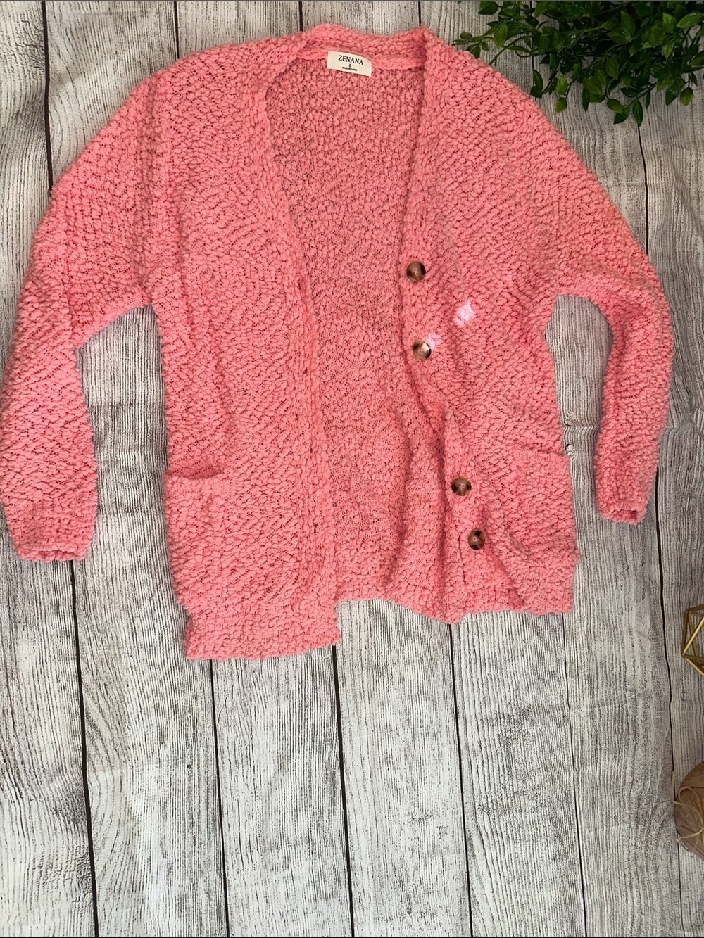 Zenana Pink Popcorn-Knit Button Cardigan